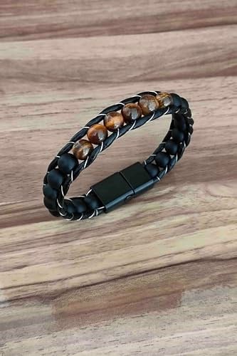 Trend Collection Kaplan Gözü Ve Oniks Doğal Taş Çelik Manyetik Kapama Hakiki Deri Bileklik