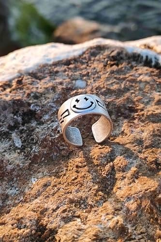 Trend Collection Smile Gülen Yüz Şimşek Motif Gümüş Kaplama Ayarlanabilir Yüzük