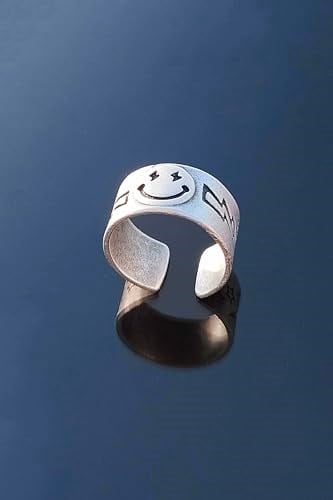 Trend Collection Smile Gülen Yüz Şimşek Motif Gümüş Kaplama Ayarlanabilir Yüzük