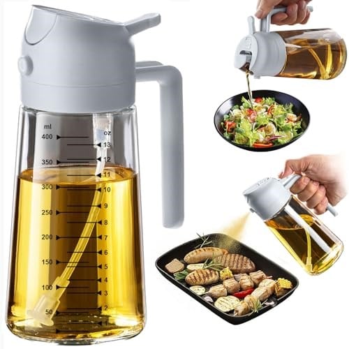 TrendPlain 470 ml zeytinyağı şişesi, 2si 1 arada yağ püskürtücü, yemek pişirme, salata ve ızgara için mutfak gereçleri, kül grisi