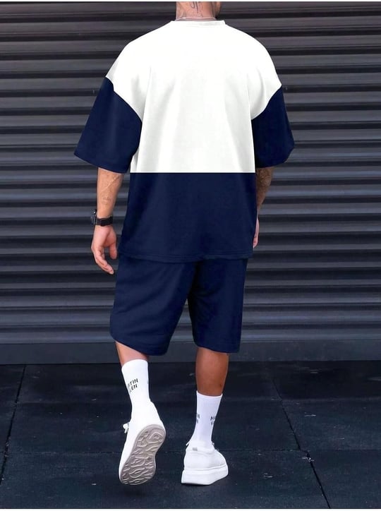 TrendSeninle Erkek Taba Renk Colour Block Desen Oversize Şortlu Takım