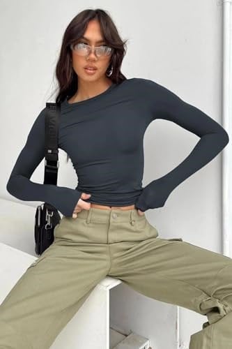 TrendSeninle Füme Bisiklet Yaka Basic Uzun Kollu Body FÜME L