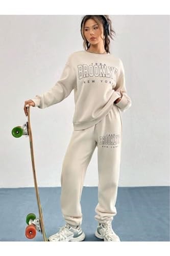 TrendSeninle Kadın Bej 1898 Brooklyn Baskılı Oversize Alt Üst Eşofman Takımı