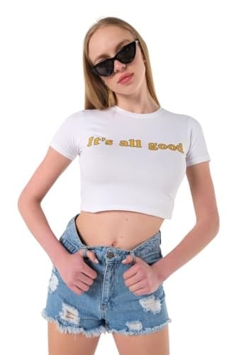 TrendSeninle Kadın Beyaz Its All Good Baskılı Bisiklet Yaka Oversize Crop T-shirt