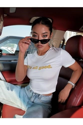 TrendSeninle Kadın Beyaz Its All Good Baskılı Bisiklet Yaka Oversize Crop T-shirt