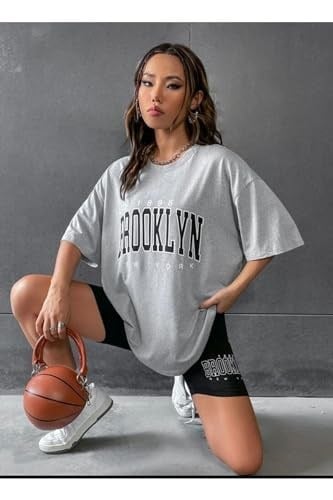 TrendSeninle Kadın Gri Oversize Brooklyn Baskılı Taytlı Takım