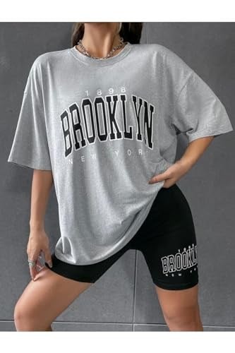 TrendSeninle Kadın Gri Oversize Brooklyn Baskılı Taytlı Takım