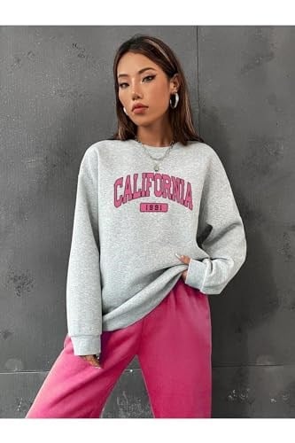 TrendSeninle Kadın Gri Yeşil California 1991 Baskılı Oversize Alt Üst Eşofman Takımı