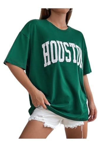 TrendSeninle Kadın Nefti Yeşili Houston Baskılı Oversize T-shirt