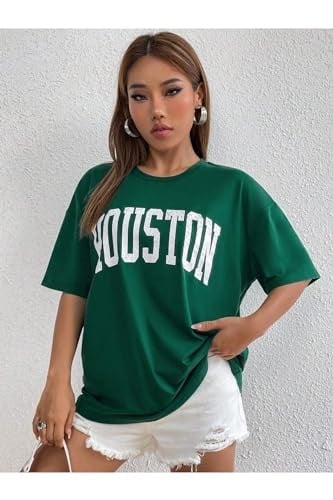 TrendSeninle Kadın Nefti Yeşili Houston Baskılı Oversize T-shirt