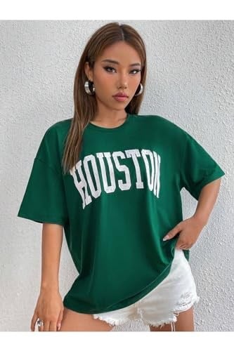 TrendSeninle Kadın Nefti Yeşili Houston Baskılı Oversize T-shirt