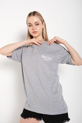 TrendSeninle Kadın Oversize Gri Japanese Sırt Baskılı T-shirt
