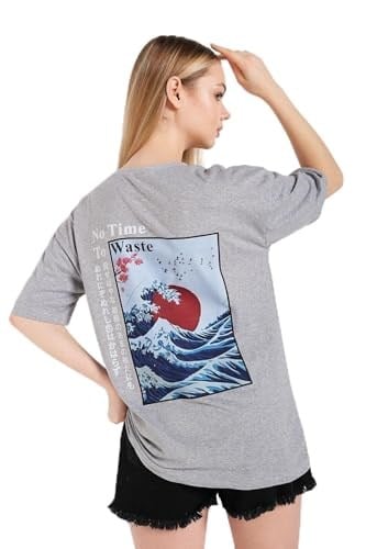 TrendSeninle Kadın Oversize Gri Japanese Sırt Baskılı T-shirt