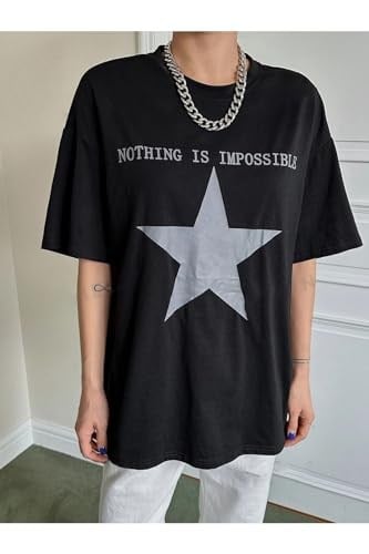 TrendSeninle Kadın Siyah İmpossible Star Baskılı Oversize Tişört