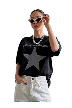 TrendSeninle Kadın Siyah İmpossible Star Baskılı Oversize Tişört