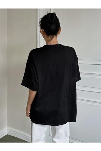 TrendSeninle Kadın Siyah İmpossible Star Baskılı Oversize Tişört