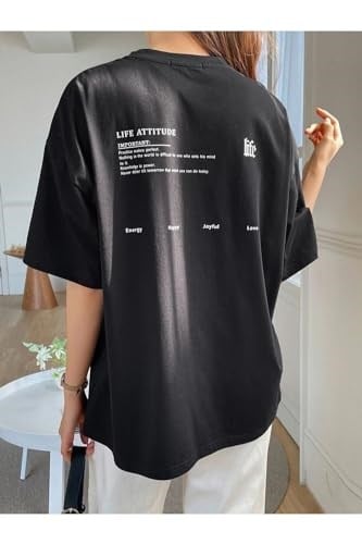 TrendSeninle Kadın Siyah Life Attitude Baskılı Oversize T-shirt