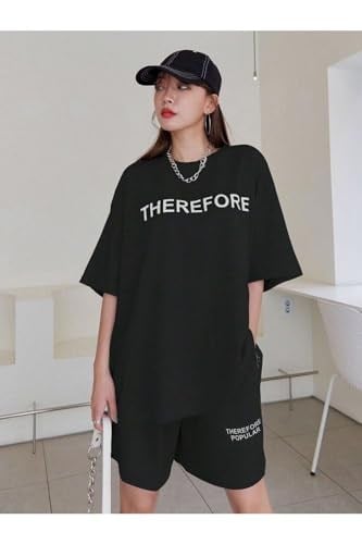 TrendSeninle Kadın Siyah Therefore Baskılı Oversize Şortlu Takım