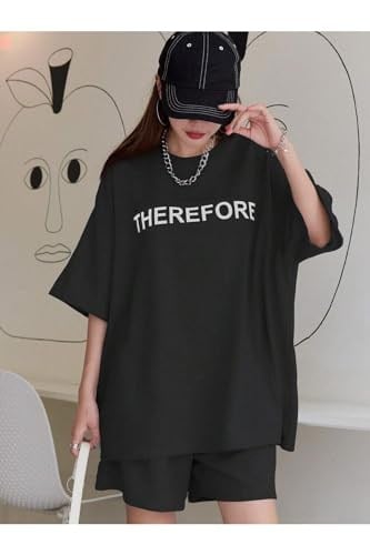 TrendSeninle Kadın Siyah Therefore Baskılı Oversize Şortlu Takım