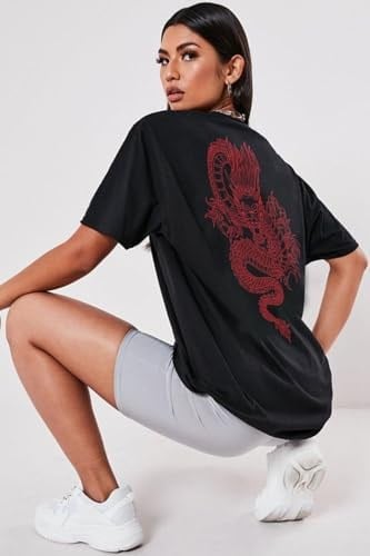 TrendSeninle Oversize Dragon Baskılı Siyah Büyük Beden Tshirt OVRSZTSHRT12
