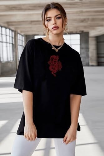 TrendSeninle Oversize Dragon Baskılı Siyah Büyük Beden Tshirt OVRSZTSHRT12