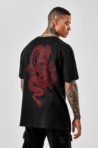 TrendSeninle Oversize Dragon Baskılı Siyah Büyük Beden Tshirt OVRSZTSHRT12