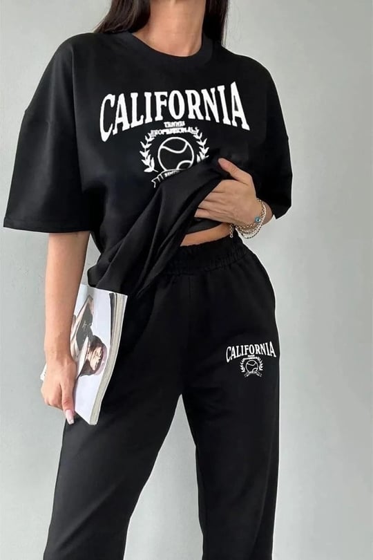 TrendSeninle Tenis Eşofman Altı Ve T-shirt Siyah Jogger Tişört Alt Üst Eşofman Takımı Oversize Bisiklet Yaka