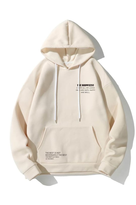 TrendSeninle Unisex Bej The Happiest Baskılı Kapişonlu Sweatshirt