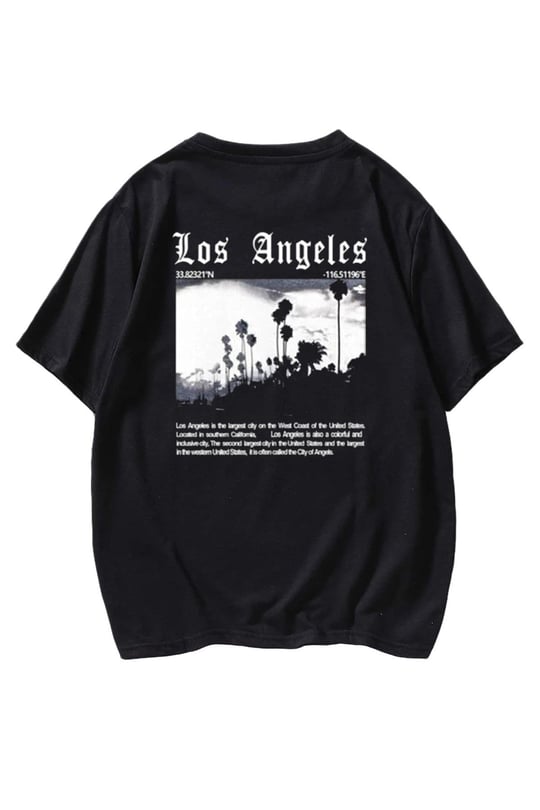 TrendSeninle Unisex Siyah Los Angeles Baskılı Oversize Tshirt
