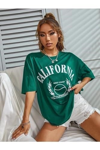 TrendSeninle Yeşil Calıfornia Baskılı Oversize Unisex T-shirt