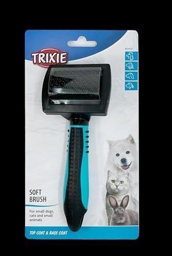 TRIXIE Yumuşak metal kıllı yumuşak fırça – kauçuk plastik sap – kıvırcık saç, uzun saç, kısa saç ve kaba saçlar için – siyah/mavi – 7 x 16 cm – 24131