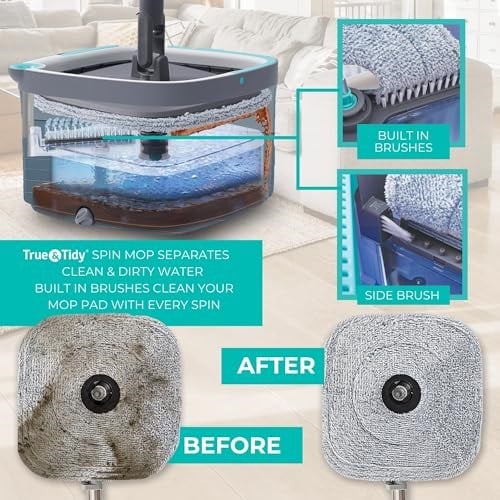 True & Tidy True Clean Paspas ve Kova Sistemi, Kare Döndürmeli Paspas, Çift Bölmeli Paspas Kovası ve 2 Kalın Makinede Yıkanabilir Paspas Pedleri (Spin Mop) içerir