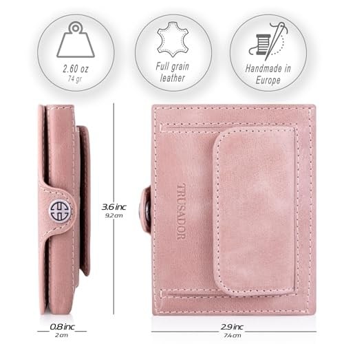 TRUSADOR Valencia Unisex Deri Cüzdan Küçük Kompakt Ön Cep RFID Bozuk Para Cepli Cüzdanlar, Pembe, Bozuk Para Cepli