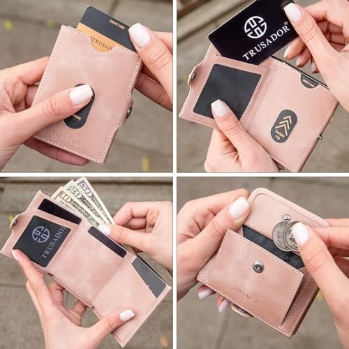 TRUSADOR Valencia Unisex Deri Cüzdan Küçük Kompakt Ön Cep RFID Bozuk Para Cepli Cüzdanlar, Pembe, Bozuk Para Cepli