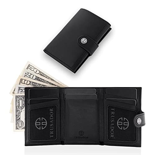 TRUSADOR Venedik Erkek ve Kadın Deri Üç Katlı Cüzdan RFID Engelleme Ön Cep Cüzdan, Siyah, 4.0 x 3.0 x 0.9 inches, Bozuk Para Cepli