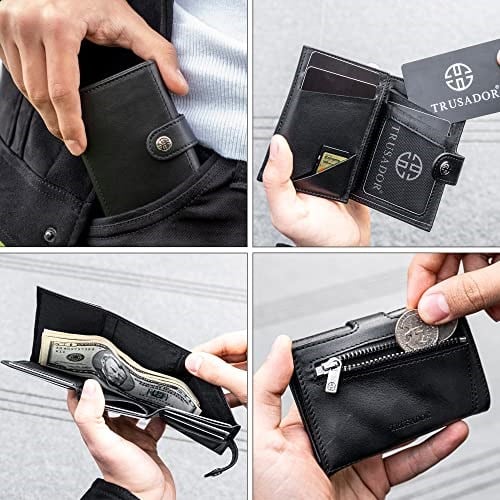 TRUSADOR Venedik Erkek ve Kadın Deri Üç Katlı Cüzdan RFID Engelleme Ön Cep Cüzdan, Siyah, 4.0 x 3.0 x 0.9 inches, Bozuk Para Cepli