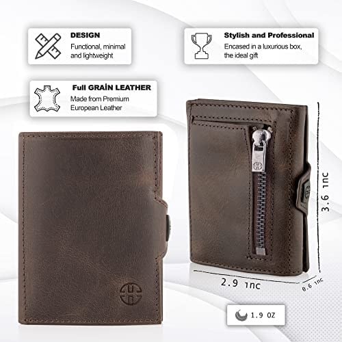 TRUSADOR Verona Unisex RFID Trifold Deri Cüzdan Ön Cep, Kahverengi, Küçük, Fermuar Cepli