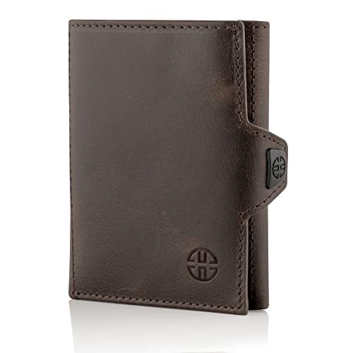 TRUSADOR Verona Unisex RFID Trifold Deri Cüzdan Ön Cep, Kahverengi, Küçük, Fermuar Cepli