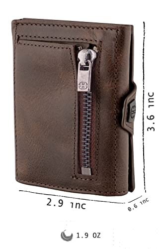 TRUSADOR Verona Unisex RFID Trifold Deri Cüzdan Ön Cep, Kahverengi, Küçük, Fermuar Cepli