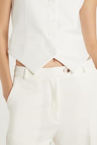Tudors Kadın Slim Fit Dar Kesim Sıfır Kol Kruvaze Yaka Ispanyol Paça Yelek Pantolonlu Takım,Ekru L