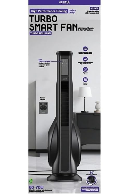 Turbo Smart Akıllı Fan Led Ekranlı Kumandalı 90° Hareketli Serinletici Soğutucu Kule tipi Vantilatör