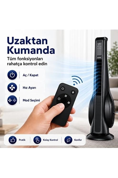 Turbo Smart Akıllı Fan Led Ekranlı Kumandalı 90° Hareketli Serinletici Soğutucu Kule tipi Vantilatör