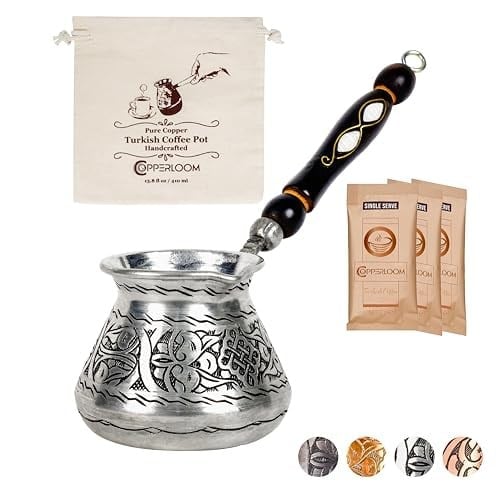Türk Kahve Demliği| En Kalın Bakır Türk Kahvesi Makinesi| Tereyağı Isıtıcı| Yunan, Arapça, Türk Kahvesi Seti|Kahve Sıcak Çikolata Potası| Cezve| 14 oz, Parlak (Gümüş Bakır)