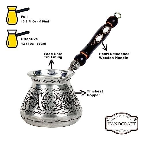 Türk Kahve Demliği| En Kalın Bakır Türk Kahvesi Makinesi| Tereyağı Isıtıcı| Yunan, Arapça, Türk Kahvesi Seti|Kahve Sıcak Çikolata Potası| Cezve| 14 oz, Parlak (Gümüş Bakır)
