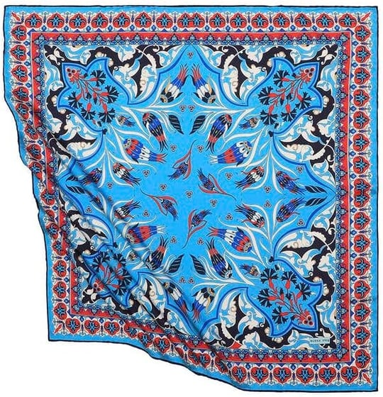 Turkuaz Türk Motifli Çintemani Karanfil Desen İpeksi Eşarp
