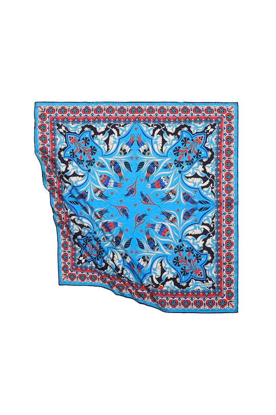 Turkuaz Türk Motifli Çintemani Karanfil Desen İpeksi Eşarp