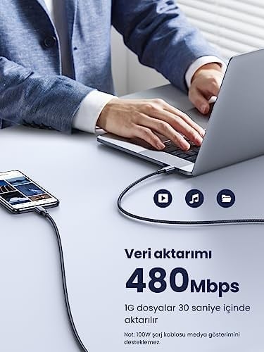 UGREEN 100W USB C Kablosu PD3.0 Hızlı Şarj Kablosu PPS iPhone 15 Pro Max MacBook Pro M2 MacBook Air M2 Galaxy S25 Ultra ile uyumludur. (3m)