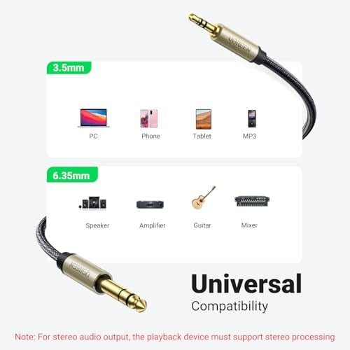 UGREEN 3,5 mm jak, 6,35 mm jak kablosu, Aux adaptörü, stereo ses kablosu, dijital arayüz enstrüman kablosu, gitar, mikser, mikrofon, kayıt cihazı, mikser, amplifikatör vb. için destekler (3M)