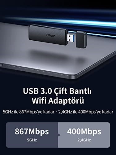 Ugreen AC1300 USB 3.0 1300Mbps 2.4/5Ghz Wi-Fi Kablosuz Alıcı Ağ Adaptörü