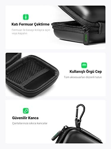 UGREEN Kulaklık çantası Case in Ear kulaklık kılıfı koruyucu kılıf darbeye dayanıklı koruyucu çanta kulaklık saklama kutusu Earphone Cover sert kılıf Airpods, Earpods, MP3 çalar vb. ile uyumlu, Siyah